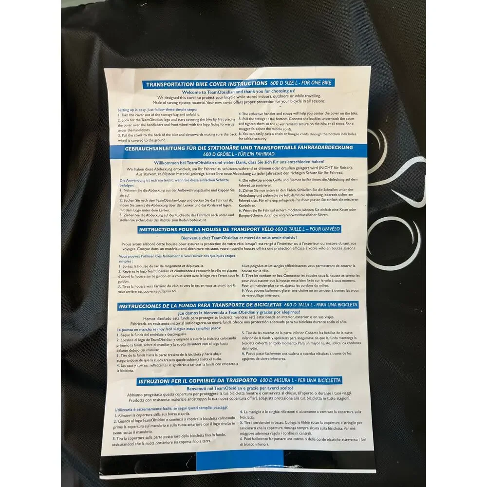 Team Obsidian bicycle cover large outdoor indoor transit travel durable